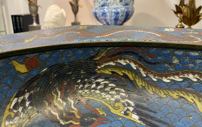 A large Chinese cloisonn&eacute; basin with a qilin, phoenixes and dragons, Republic